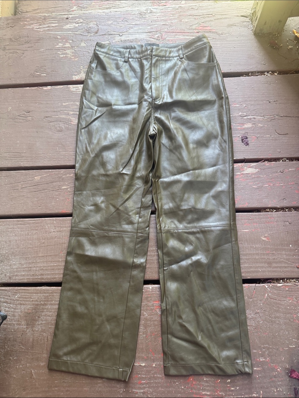 Lucy Paris Olive Green Faux Leather Wide-Leg Pants